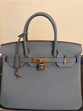 Luxury Real Leather 30cm Satchel in Light Blue with Gold Hardware